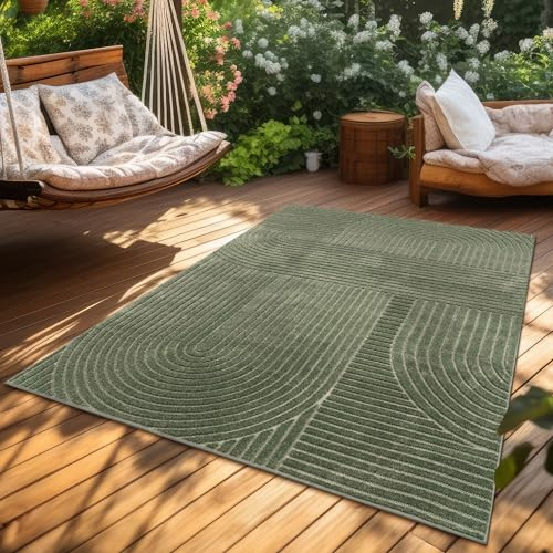 Paco Home Teppich In- & Outdoor, Moderne abstrakte Boho Designs mit 3D Struktur, robust & wetterfest, ideal für Terrasse Wohnzimmer & Küche, Grösse:160x220 cm, Farbe:Grün 4
