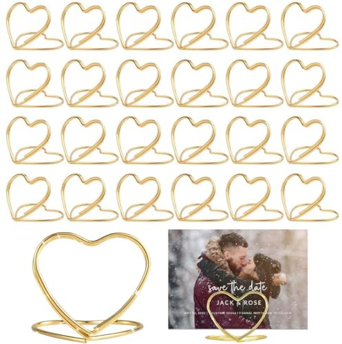 Support Photo 25 Porte-Cartes Mural Double Cœur Doré 30mm, Organisateur de Cartes de Bureau, Présentoir Photo Debout pour Cartes de Visite et Photos