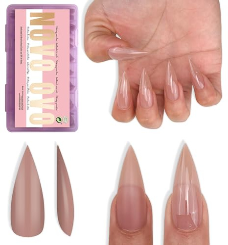 NOVO OVO Sharp Stiletto Nail Tips Press on Medium Long Pure Color Brown Pink,Pointed Soft Gel Fake Acrylic Extension, Full Cover False Nails for Salon DIY x 16 Sizes 224 pcs