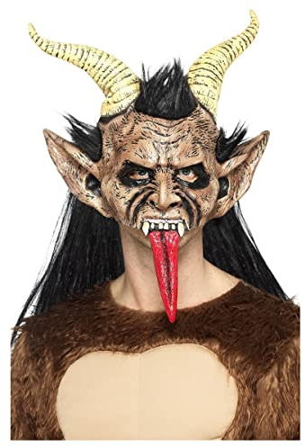 Smiffys Krampus Weihnachtsdämon Maske, Braun, Latex, Kopfabdeckung, mit Fell & Hörnern