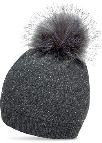 Caspar MU191 Damen Fein Strick Winter Mütze mit Fellbommel und dezentem Glitzer Strass, Farbe:dunkelgrau, Größe:One Size