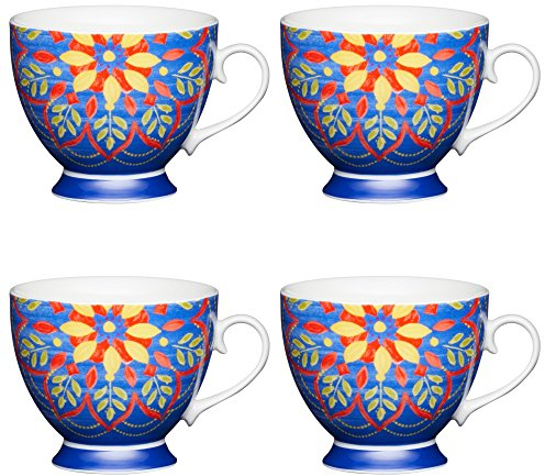 KitchenCraft Lot de 4 Grandes Tasses à Pied en Porcelaine Anglaise, Motif Floral, Multicolore, 400 ML, Porcelaine, Multicolore, 400 ML, Set of 4