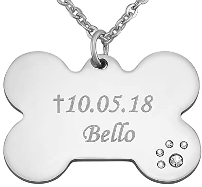 Hanessa Personalisierte Kette mit Gravur Edelstahl 50 cm mit Anhänger Hunde Knochen mit Pfote aus Strass-Steinen in silber - Personalisierte Geschenke für Tierbesitzer Damen Herren - Halskette