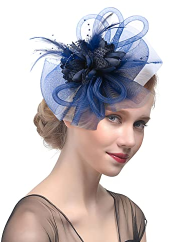 Épingles à cheveux Femme Accessoire Coiffure Mariage Chapeau Bibis Fascinator Bride en Maille Élégantes Serre-tête pour Cocktail Derby Cérémonie Photographe Fête Soirée, Bleu Marine,Taille unique
