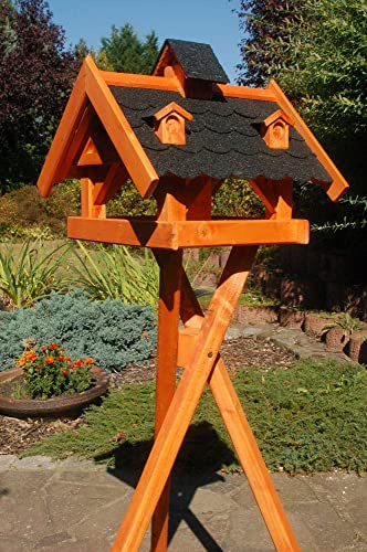 Deko-Shop-Hannusch Futterhaus/Vogelhaus mit Bitumenschindeln und Gauben versch. Dachfarben V19, Variante:V19 bitum dunkel mit Ständer