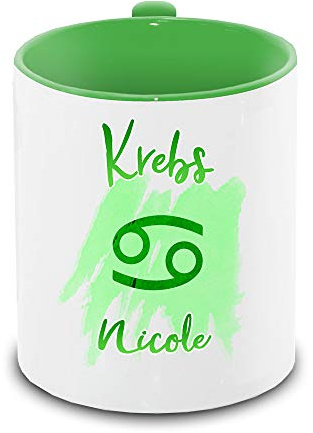 Tasse mit Namen Nicole und Sternzeichen-Motiv Krebs im Lettering-Stil | Keramik-Tasse grün | Astrologie-Geschenk
