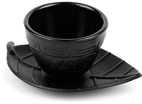 Duokon Taza de hierro de imitación Taza de té japonesa de hierro fundido Taza retro Olla de hierro Posavasos de hoja de hierro Tazas de té Juego de vajilla oriental