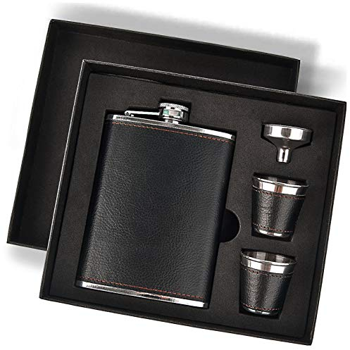 Flachmann Geschenkset, Flachmann für Likör für Männer mit schwarzem Lederbezug, 18/8 Edelstahl Flachmann für Likör mit 2 Tassen & Trichter, Flachmann für Likör für Männer Geschenkbox