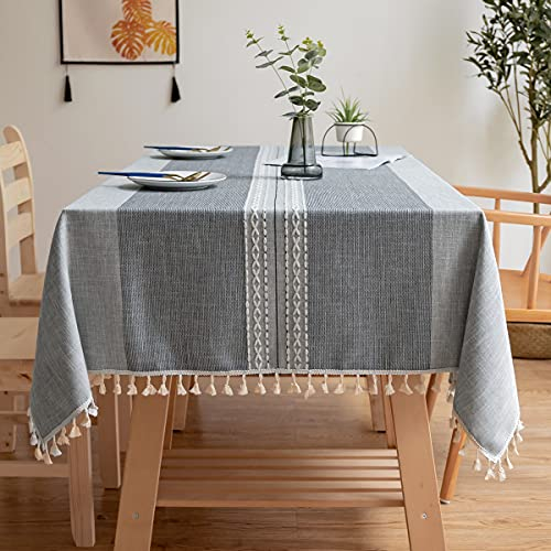 INKAROBOX Fleckenabweisende Tischdecke rechteckig aus Baumwollleinen mit Quastenrand abwischbar aus Pulver für den Esstisch (Grau, 140 x 260 cm)