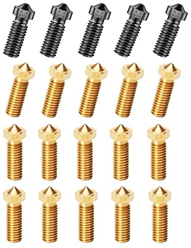 iMetrx 20 Stück Volcano Düse (0,4MM-0,6 mm-0,8 mm-1,0 mm),gehärteter Stahl+Messing M6 gehärteter Stahl-Druckkopf für J-Head Hotend-Extruderteile,kompatibler Artillerie-/Sidewinder-3D-Drucker.