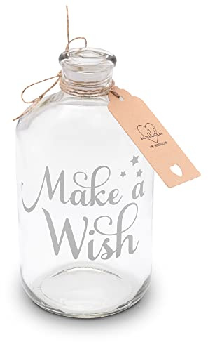 Vanilalu Sparflasche „Wunscherfüller – Make a Wish“ in Silber – Dekorative Spardose aus Glas – Geschenkidee zum Geburtstag, Valentinstag, Führerschein, Hochzeit oder einfach so