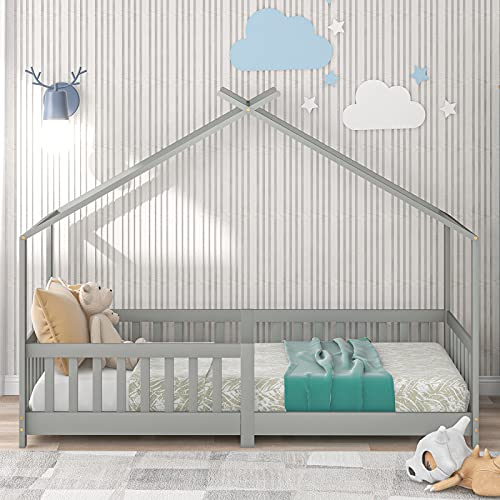 belupai Schönes Hausbett Kinderbett,Vollholz mit Zaun und Lattenrost, mit Rausfallschutz für Kinder- und Jugendzimmer,grau (200x90cm)
