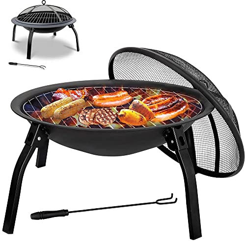 ZCBYBT Fire Pit BBQ Grill Pit Outdoor Heating Camp Brazier Portable, Foldablewith Picnic Table Function with Net Cover and Charcoal Tongs