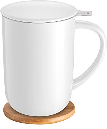 CEEFU Porzellan-Teetasse mit Ei und Deckel, mit Filter und Untersetzer, lose Teetasse Steeper Maker, 473 ml für Tee/Kaffee/Milch/Frauen/Büro/Zuhause/Geschenk (weiß)