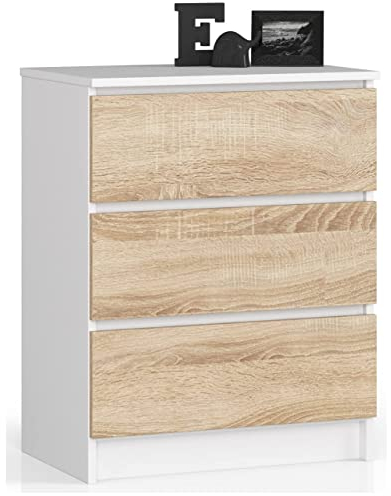 AKORD Kommode K60 mit 3 Schubladen | für das Wohnzimmer Schlafzimmer Schrank Büro Arbeitszimmer | Modernes Funktionales Design | B60 x H77 x T40 cm, Gewicht 25 kgWeiß/Sonoma-Eiche