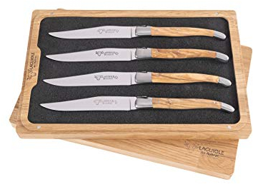 Laguiole en Aubrac Original Steakmesser Olivenholz, 4 Stück, Original aus Frankreich, inkl. Echtheitszertifikat und schöner Aufbewahrungsbox aus Holz