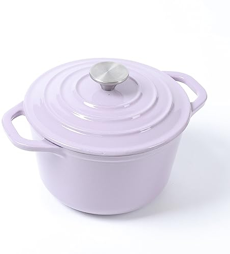 HAWOK Schmortopf aus emailliertem Gusseisen mit Deckel, 1,5 l tiefer, runder Dutch Oven mit zwei Griffen, Violett
