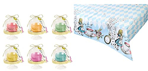 Pack of 6 - Alice in Wonderland Party Favour Cake Domes Mad Hatter Afternoon Tea Party Table Decorations & Blue Alice in Wonderland Paper Table Cover