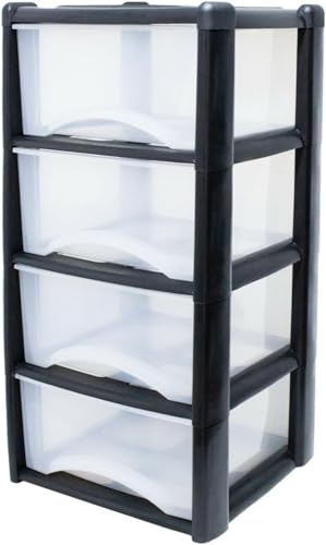 Neat. 4 Plastic Storage Drawers, Space-Saving Draws for Office & Home, Drawers Storage Unit - Durable Plastic Storage Draws - Storage Drawers Unit - H80cm x L39cm x W39cm - Black/Clear