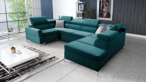 All4All Ecksofa mit Schlaffunktion Bari V 336 x 218 cm - Eckcouch mit Bettkasten - Wohnlandschaft in U-Form - XXL Sofa Groß - Schlafsofa - Meerblau - Seite Rechts - Modern - Velvetstoff 26