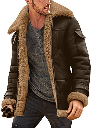 Modaworld Wildlederjacke Herren Gefüttert Lammfell Winter Teddy-Fleece Jacke Bomberjacke Leder Fleecejacke Beiläufiger Plüschjacke Sport Hellbraun Wildleder Jacke Freizeitjacke Übergangsjacke