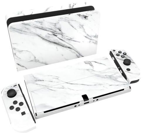 PlayVital Skin Sticker für Nintendo Switch OLED,Aufkleber Sticker Decal Folie Abziehbild Skin Faceplates Klebefolie für Switch OLED Konsole&Joy Con&Dock&Grip(Moderner weißer Marmor)