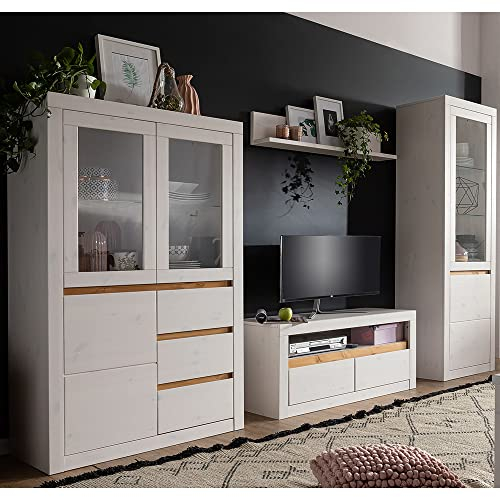 Massivholz Wohnzimmer Set Wohnwand TV Wand Mediamöbel Mediawand Highboard Wandboard Lowboard Vitrine Vitrinenschrank Kiefer massiv weiß Weiss