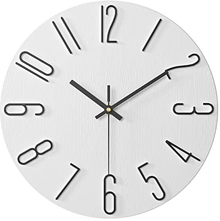 ALEENFOON 30cm Rund Modern Leise Wanduhren Ohne Tickgeräusche Innenuhr Nicht Tickende Rahmenlose 3D Nummer Wanduhren Dünne Hängende Uhr für Wohnzimmer Küche Büro Schlafzimmer (Weiß -1)