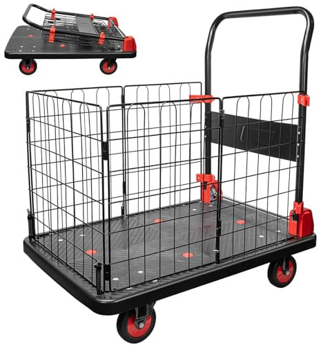 HTWAVE Chariot à plateforme avec cage, capacité de 635 kg, chariot à main pliable, chariot à plateforme robuste avec roues pivotantes en TPR de 12,7 cm, chariot à plateforme pliable 2 en 1 (88,9 cm de