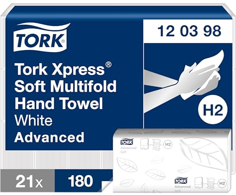 Tork Xpress weiche Multifold-Handtücher Weiß H2, Advanced-Qualität, 2-lagig, Zickzackfalz, saugfähig, 21 × 180 Tücher, 120398