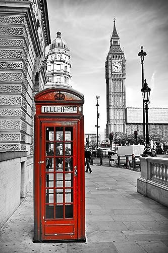 Wooden Jigsaw Puzzle For Adults 1000 Piece, London Red Phone Boxes And Black And White Effect Puzzle Wall Decoration 75X50Cm
