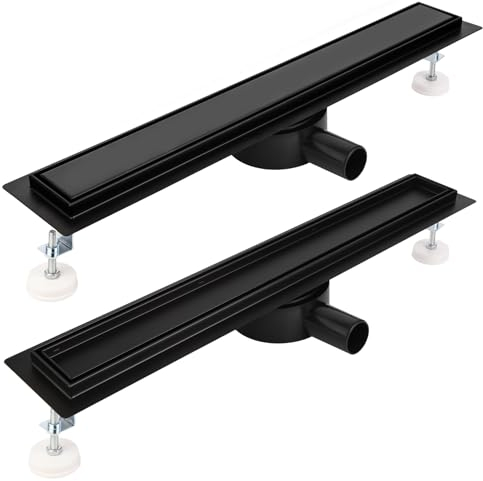 Kasloglow Duschrinne 60 cm Komplettset Schwarz, Edelstahl Ablaufrinne, Extra flache befliesbare Duschrinne mit Haarsieb, Geruchsstop und 360° Drehbar Siphon - Länge 30-120cm für bodenebene Duschen