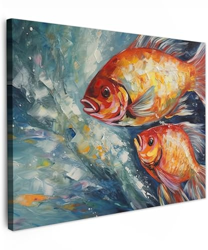 MuchoWow© Leinwand Deko Schlafzimmer Aesthetic Leinwandbilder Wohnzimmer | 70x50 cm - Gemälde Foto Geschenk Living Room Decoration Kunstdruck - Bunt - Fische - Wasser - Tiere - Kunst - Ölgemälde