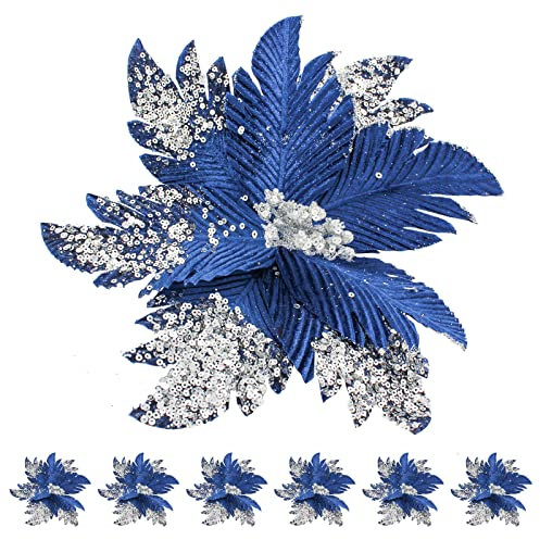 Flores de Pascua artificiales con purpurina de 11 pulgadas, flores artificiales doradas para decoración, flores de Navidad, decoración de árbol de Navidad, adornos de Año Nuevo, color azul, 6 unidades
