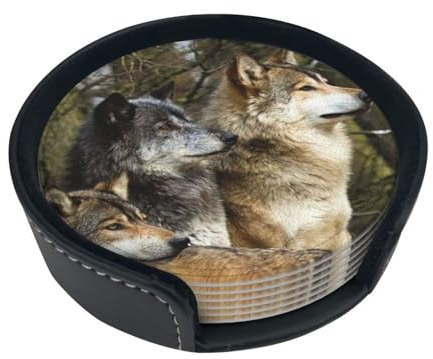 LAMAME verschiedene farbige Wölfe gedruckt Leder Untersetzer 6pcs mit Aufbewahrungsbox Dekorative Untersetzer Trinken Untersetzer