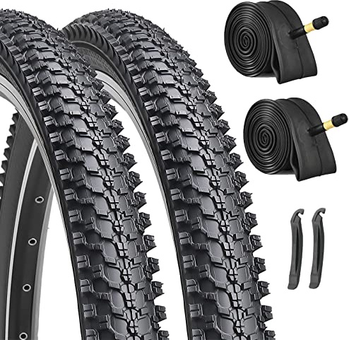 24-inch Mountain Bike Tires Set: Hycline 2-Pack 24x1.95 inch (54-507mm) Folding Replacement Puncture-Resistant Bicycle Tires and Pair 24-inch Inner Tubes with Tire Levers for MTB Off-Road Bike