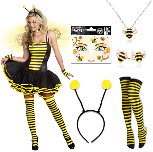 DPKOW 5 STK Bienenkostüm Accessoires, Damen Kinder Kostüm Biene haarreif Halskette Ohrringe Biene Gesichtstattoo Karneval Gestreifte Überkniestrümpfe Biene für Hummel Bienenkostüm Erwachsene Kinder