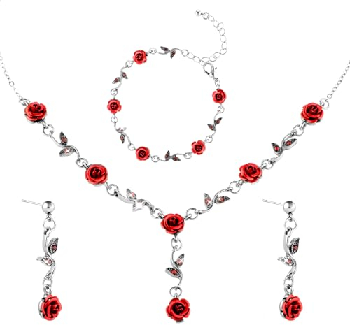 DIVINA VITAE 3 Stück Schmuckset Rosegold Damen Rosenblüten Anhänger Halskette Armband Ohrringe Schmuck Set Hochzeit Brautschmuck Abschlussball Valentinstag Rote Rosen Halskette (Weißgold)