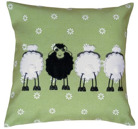 heimtexland Deko Kissen Schwarzes Schaf Ostern Dekokissen Bezug mit Applikation Leinen-Optik Bestickt Osterdeko Landhaus Blumen Natur Typ885 Kissenhülle 40x40 cm grün