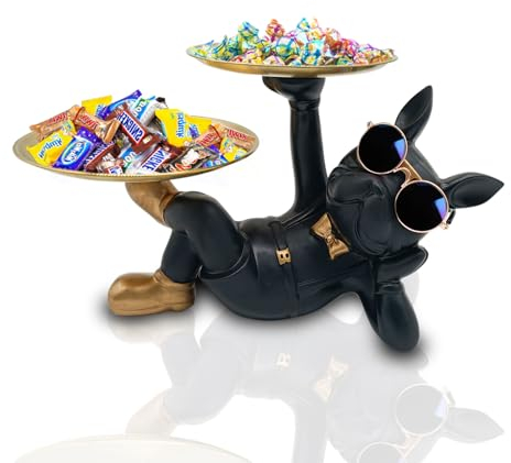 Französische Bulldogge Tablett Deko, Bulldogge Schlüssel Schale, Hund Skulptur, Bulldogge Statue mit Tablett, Geschenk für Wohnzimmer, Eingangsbereich, Büro, Flur, Home Dekoration (Schwarz)