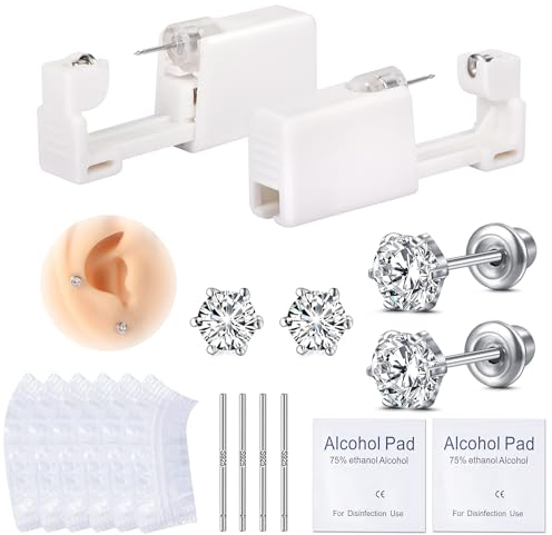 AVYRING 2Pcs Disposable Ear Piercing Set with 5MM Cubic Zirconia Studs - Complete Set for Safe and Easy At-Home Ear Piercing, 316L Surgical Stainless Steel Ohrloch Stecher Set for Women Man