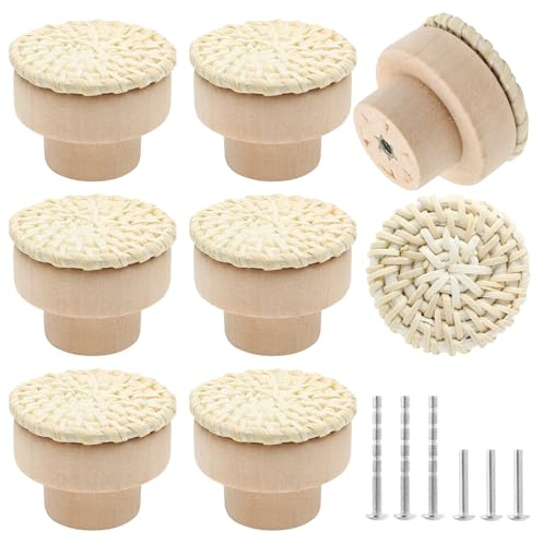 Qjaiune Rattan-Kommodenknöpfe, Boho-Schrankknöpfe, 3,8 cm Durchmesser, Korbgeflecht, Schubladenknöpfe, Holzgriffe mit Schrauben, runde Möbelknöpfe für Schrank, Kleiderschrank, Waschtisch, Beige, 12
