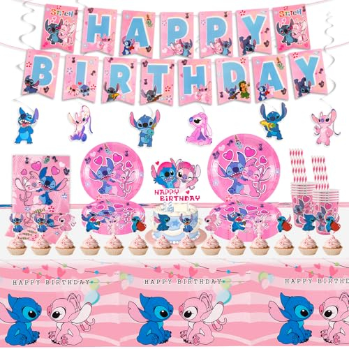 PSDZ 94PCS Stitch Pappteller Kindergeburtstag+Stitch Geburtstag Deko, Geburtstag Geschirr Set, Becher Servietten Tischdecke Set Partygeschirr Geburtstag Kindergeburtstag für 20 Personen