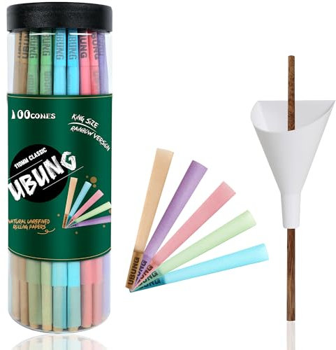 UBUNG Rainbow Cones | 100 King Size Konisch vorgedrehte Hülsen (5 Farben) Einschließlich 1 Trichterlader und 1 Putter für Verpackunge