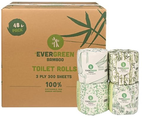 EVERGREEN BAMBOO Toilet Paper – 48 Rolls x 300 Sheets – 3-Ply Soft & Strong Bamboo Toilet Tissue – Eco-Friendly, Plastic-Free, Biodegradable & Sustainable