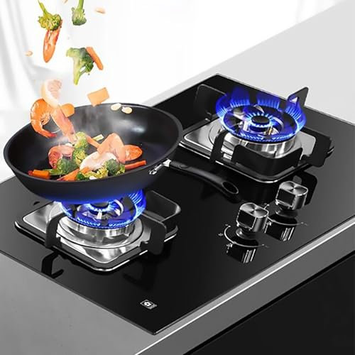 THEGA Stufa Gas 5.0KW Doppio - Vetro Temperato Fornelli A Gas, Cucine A Gas da Tavolo E Incasso, Fornello A Gas con Cinque Livelli Regolazione della Potenza Fuoco, Cucina A Gas Facile da Pulire(NG)