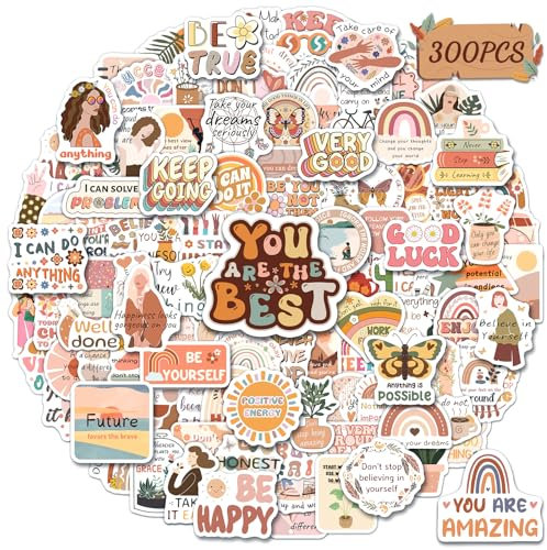 STKJoviale 300PCS Vintage Inspirational Stickers, Boho Motivational Quote Stickers for Kids Women Adults, Encouraging Positive Affirmation Stickers for Water Bottle Laptop Journal