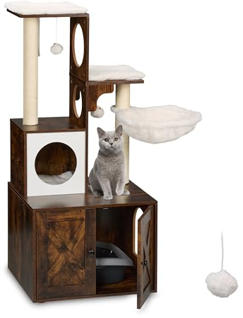 Relaxdays Mueble para Gatos con Rascador y Armario para Arenero, 128x95x52 cm, Torre con Poste de Sisal, Marrón y Blanco, Hierro