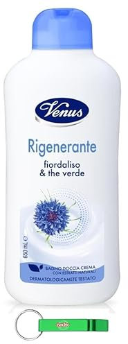 12 gel doccia Venus Bagnodoccia con fiordaliso e tè verde, pelle morbida, liscia e vellutata, detergente per il corpo 650 ml + portachiavi Beni Culinari gratuito
