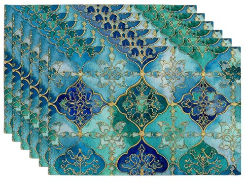Moroccan Tile Design Placemats, Blue and Teal Geometric Table Mats for Spring Summer Dining, Washable Indoor Outdoor Decorative Place mats Set of 6